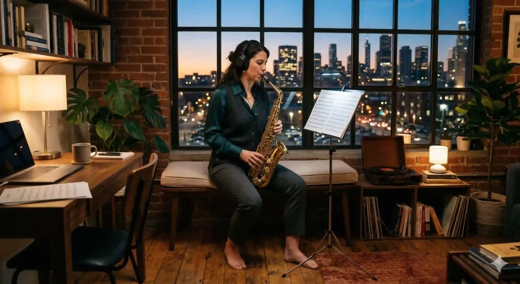 Erwachsene Frau spielt konzentriert Saxophon im gemütlichen Wohnzimmer – Saxophon lernen als Erwachsener.