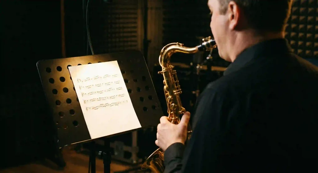 Saxophonist fokussiert sich beim Spielen auf Noten auf einem hell beleuchteten Notenständer in einem dunklen Studio.