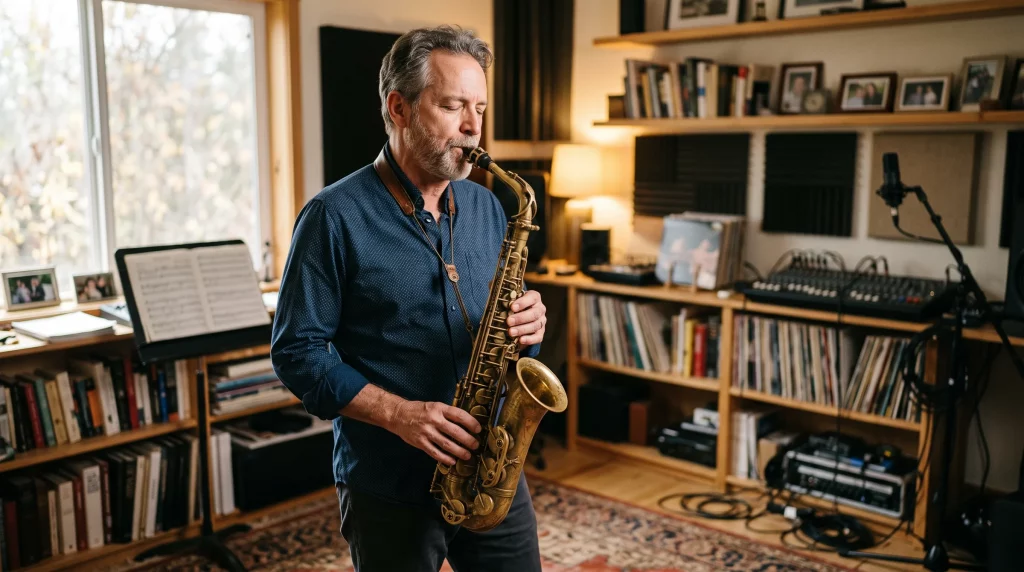 Erwachsener übt mit entspanntem Saxophon-Ansatz am Altsaxophon“