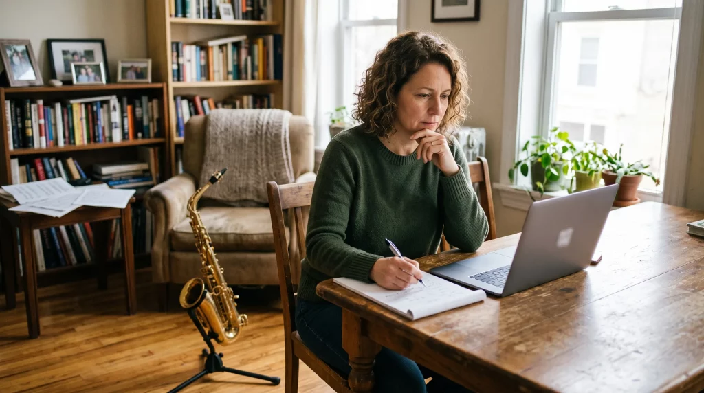 Erwachsener vergleicht die Wege, Saxophon zu lernen: Musikschule, Privatlehrer oder online