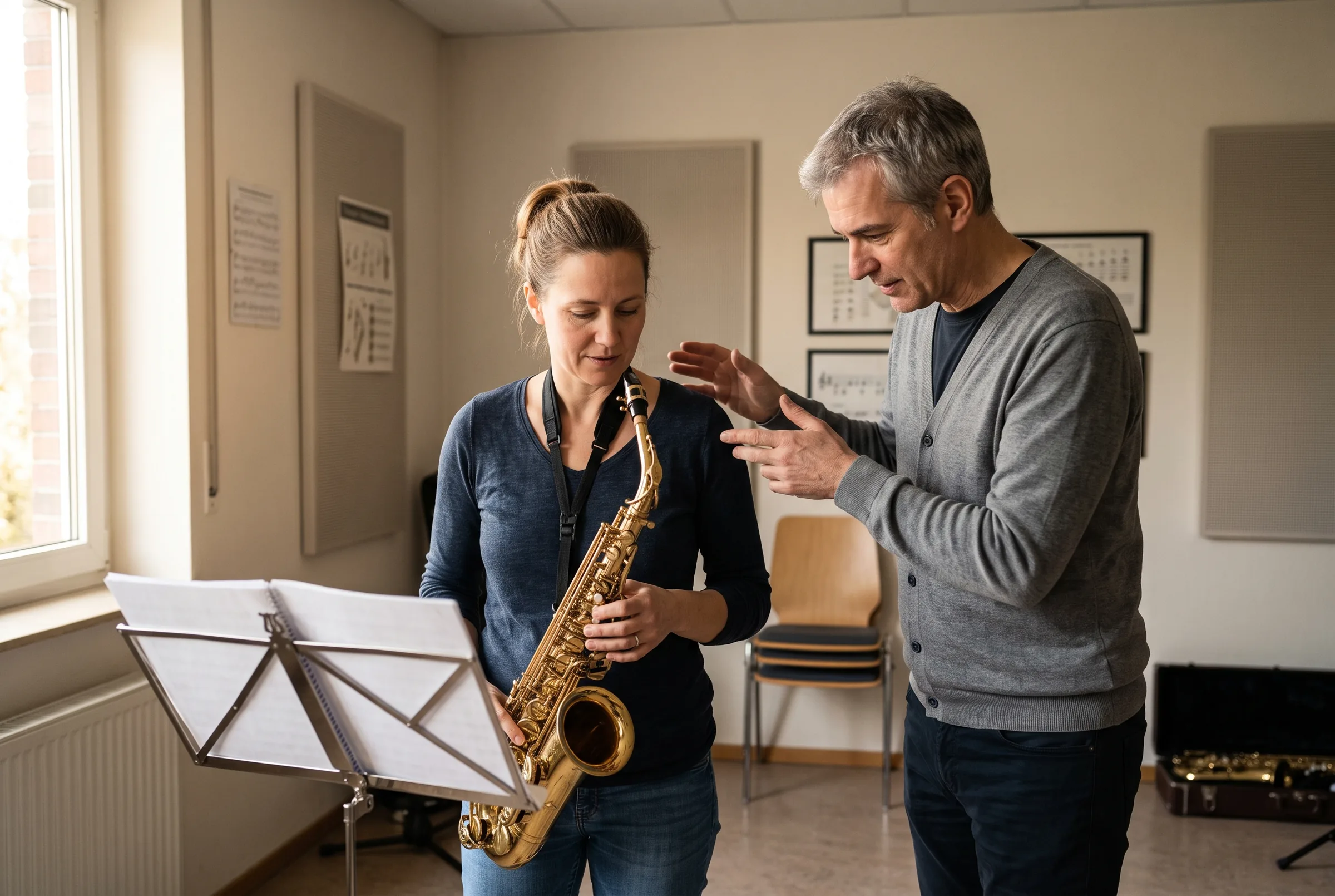 Erwachsener im Saxophonunterricht, die Lehrkraft korrigiert die Haltung