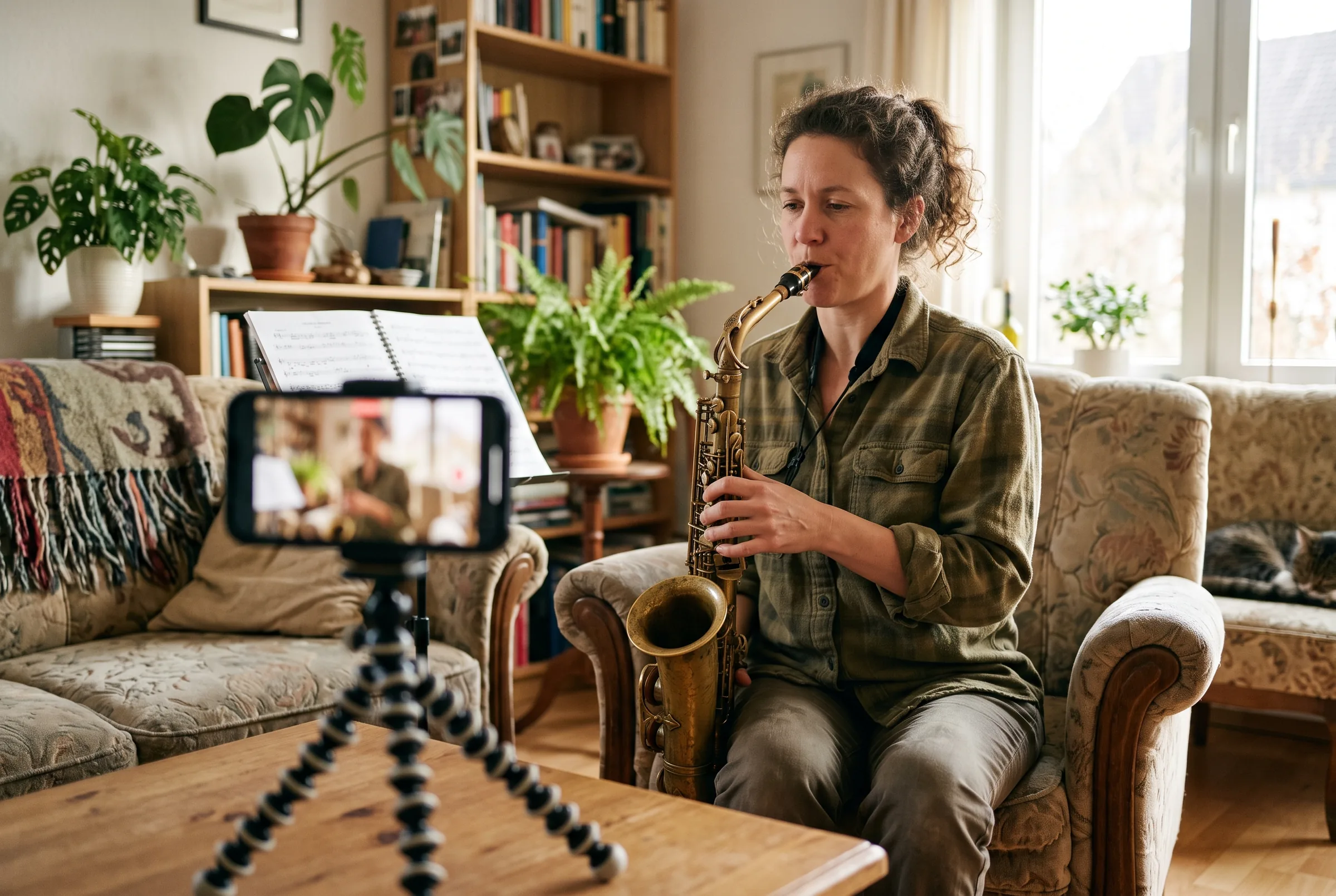 Erwachsener filmt sich beim Saxophonüben mit dem Smartphone als Selbstkontrolle