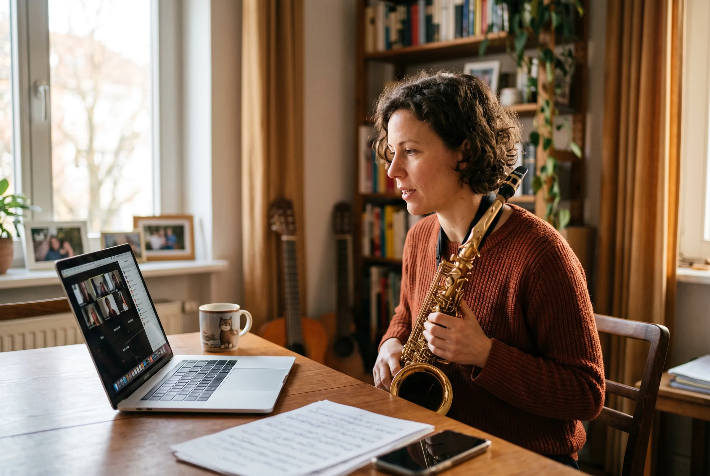 Erwachsener Saxophonist in einer Live-Video-Feedback-Session mit Saxophon in der Hand