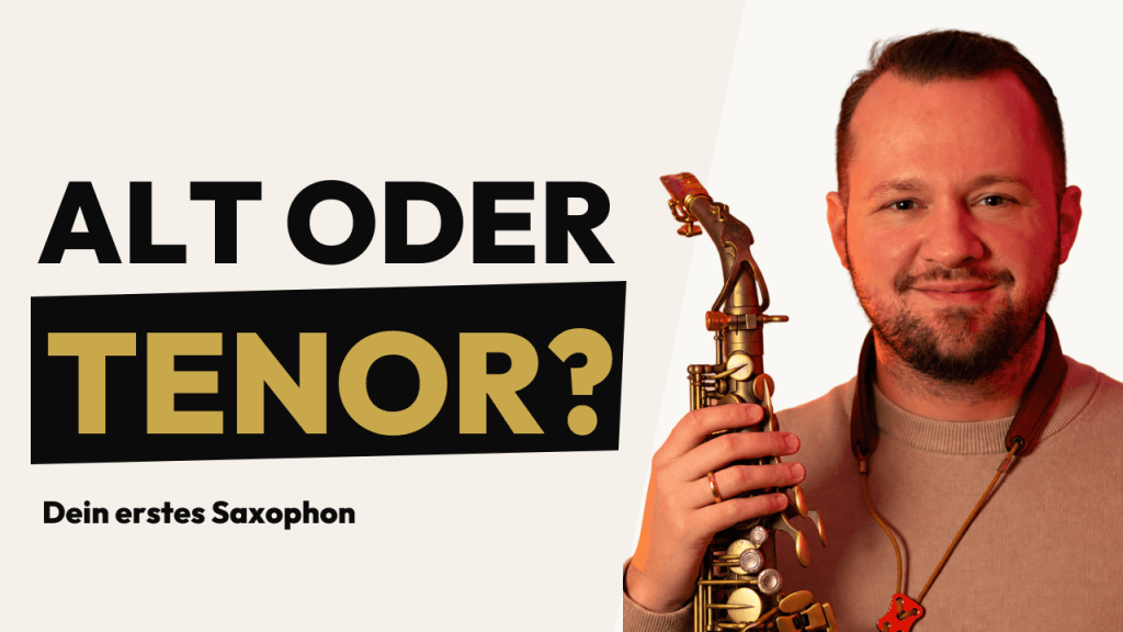 Marjan Markelj mit Saxophon neben dem Schriftzug ALT ODER TENOR?