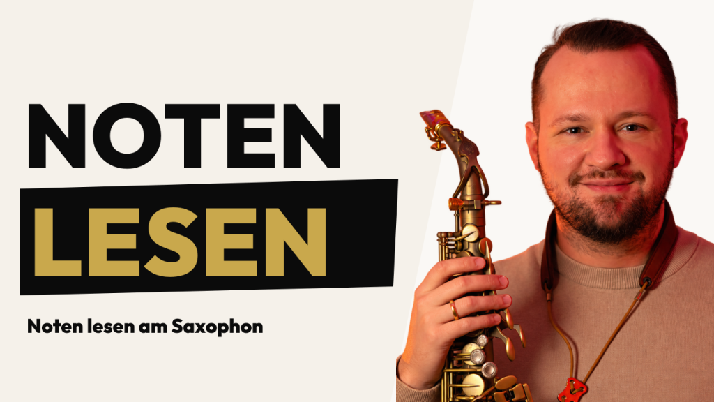 Marjan Markelj mit Saxophon neben dem Schriftzug NOTEN LESEN