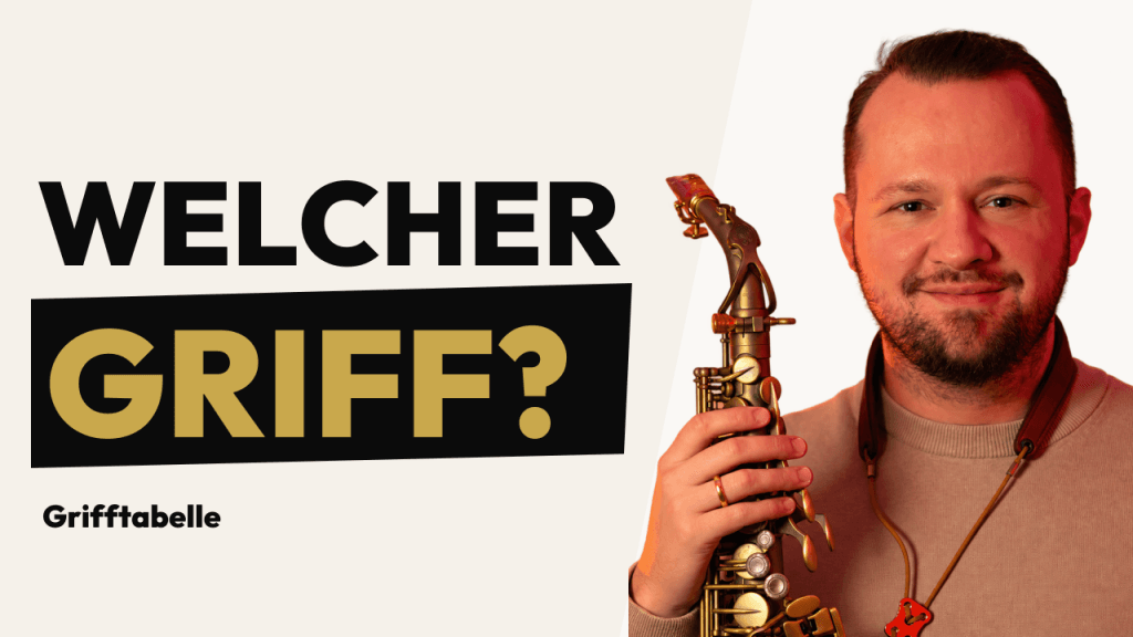 Marjan Markelj mit Saxophon neben dem Schriftzug WELCHER GRIFF?