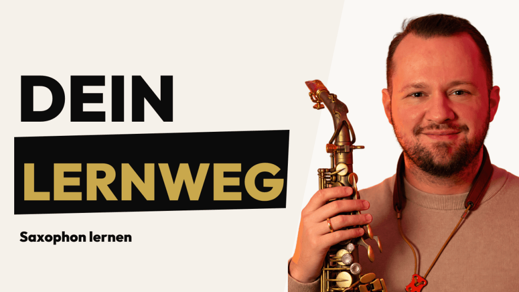 Marjan Markelj mit Saxophon neben dem Schriftzug DEIN LERNWEG