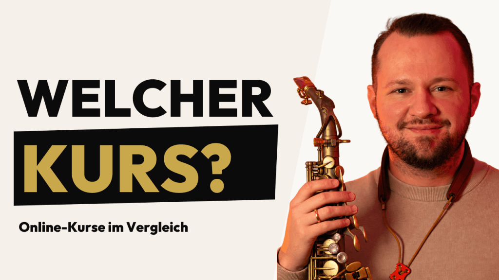 Marjan Markelj mit Saxophon neben dem Schriftzug WELCHER KURS?